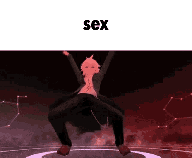 a cartoon character is jumping in the air with the word sex written above him .