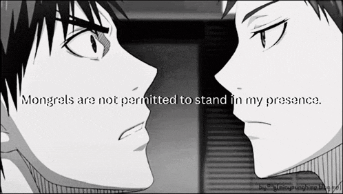 two anime characters looking at each other with the words mongrels are not permitted to stand in my presence above them