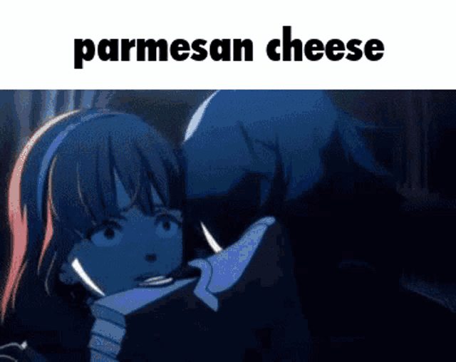 a picture of a girl kissing another girl with the words parmesan cheese above it