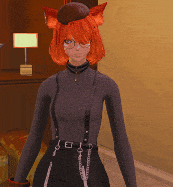 a girl with red hair and glasses is wearing a sweater and suspenders