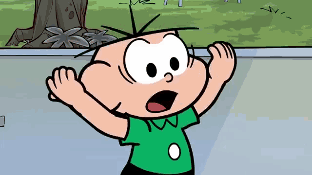 a cartoon character is wearing a green shirt with a white circle in the middle