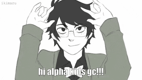 a black and white drawing of a boy with glasses and the words `` hi alpha kids gg ! ''