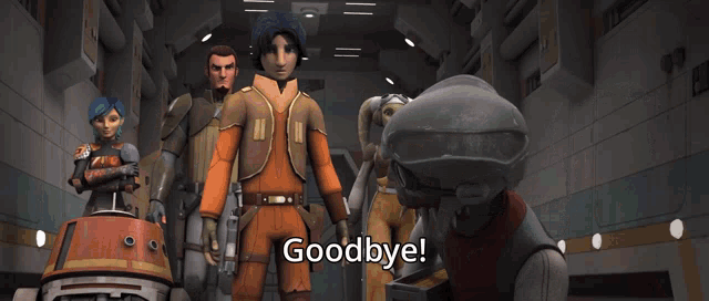 a group of cartoon characters are standing in a hallway and the words goodbye are on the bottom