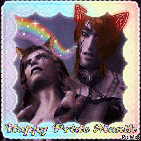 a picture of a man and a woman with the words happy pride month on it