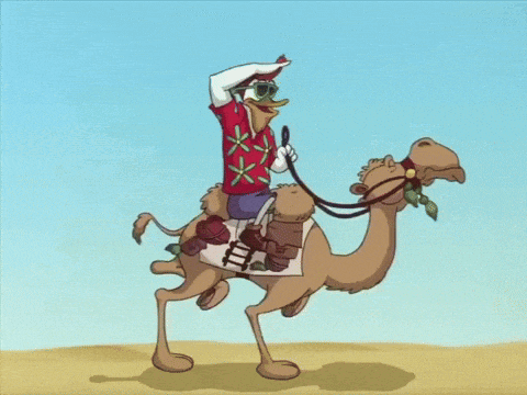 a cartoon character is riding on the back of a camel in the desert