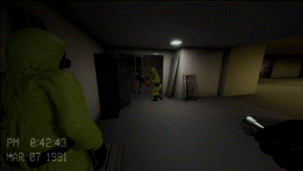 a person in a yellow suit is holding a gun in a dark room with the date mar 07 1991