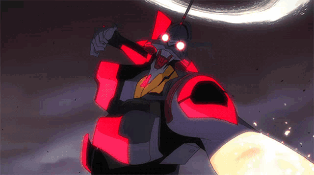 a cartoon character with red eyes and a yellow jacket has the number 04 on his chest