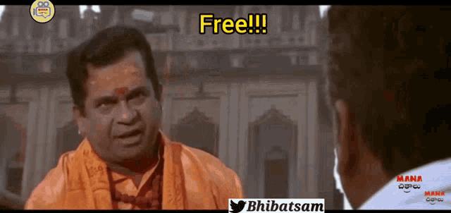 a man in an orange robe is talking to another man with the words free written on the bottom