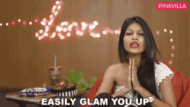 a woman says " easily glam you up " in front of a pinkvilla logo