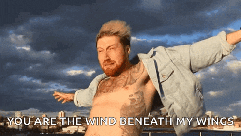 a shirtless man with his arms outstretched and the words " you are the wind beneath my wings " below him