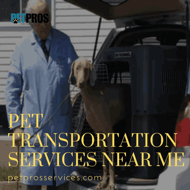 a man standing next to a dog in a kennel that says pet pros on the top