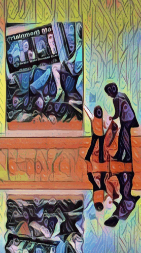 a colorful painting of a man and child looking at a poster that says entertainment me