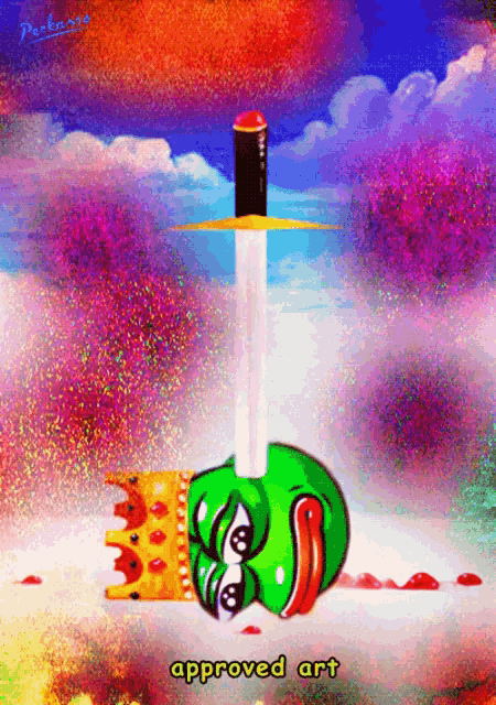 a painting of a green apple with a crown and a sword that says approved art on it