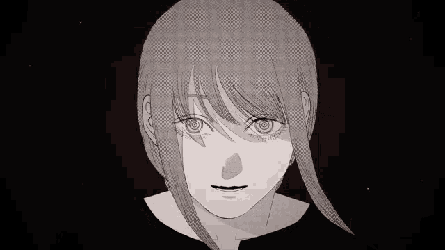 a black and white drawing of a girl with a spiral in her eye