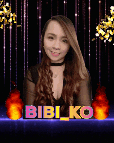 a woman stands in front of a sign that says " bibi ko "