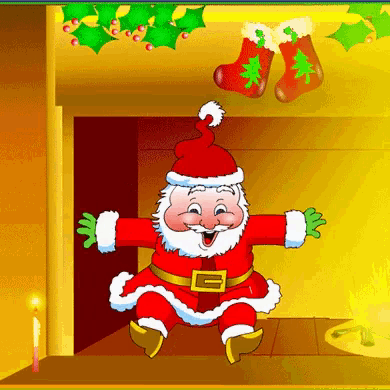 a cartoon of santa claus sitting in front of a fireplace with stockings hanging from the ceiling