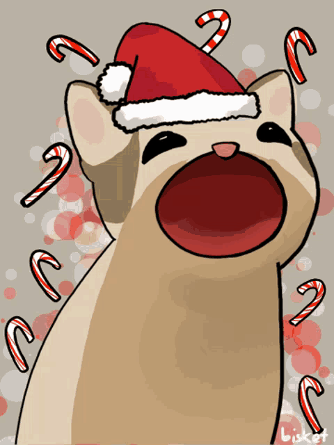 a drawing of a cat wearing a santa hat and candy canes