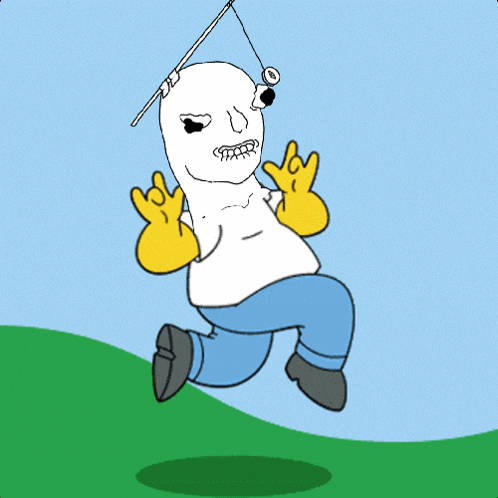 a cartoon of homer simpson jumping in the air with a fishing rod in his hand