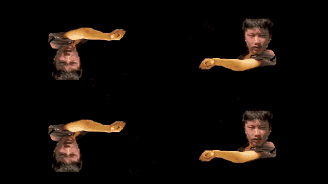four images of a man 's face and arms are displayed on a black background