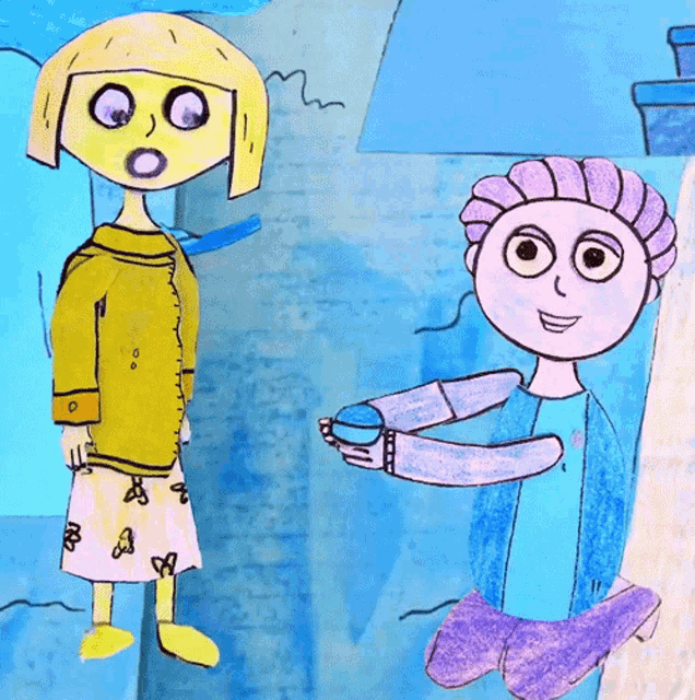 a cartoon drawing of a girl and a boy with the girl holding a cup