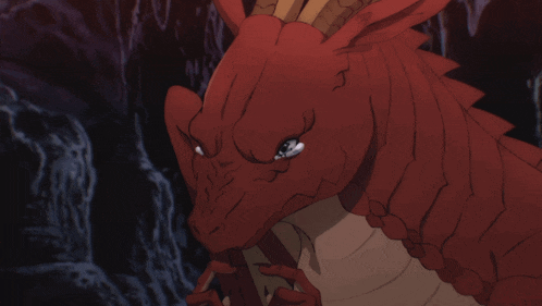 a close up of a red dragon 's face with a dark background