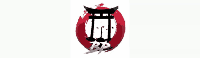 a black and white logo with a red circle around it
