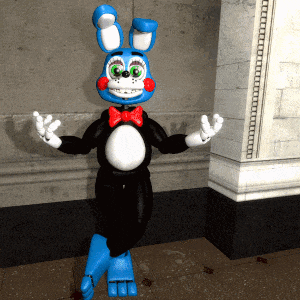 a blue and black bunny with a red bow tie stands in front of a wall