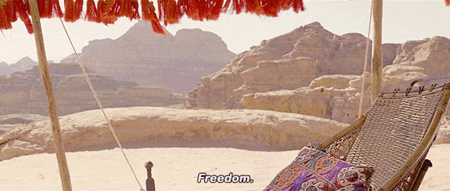 a hammock in the desert with mountains in the background and the word freedom in the corner