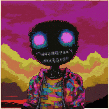 a pixel art of a person with purple eyes and a colorful jacket