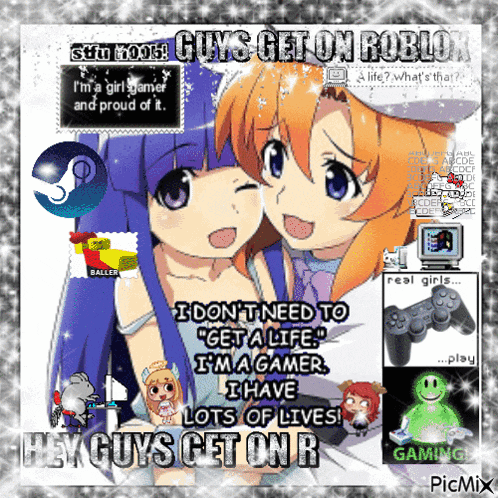 a poster that says guys get on roblox with two anime girls