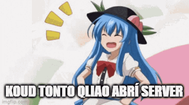 a cartoon girl with blue hair and a black hat says " koud tonto qliao abri server "