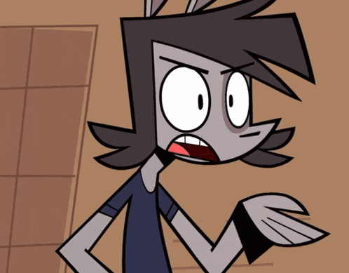 a cartoon character with a surprised look on his face is wearing a blue shirt