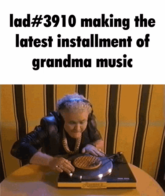 an older woman wearing headphones is playing a record