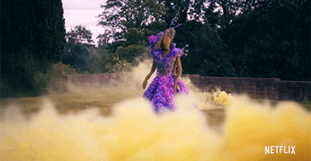a woman in a purple dress is surrounded by yellow smoke and says netflix on the bottom right