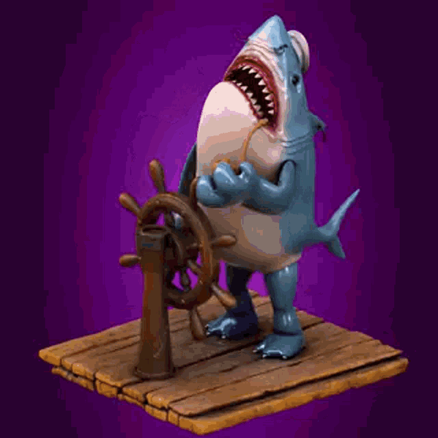 a toy shark is standing on a raft with a steering wheel