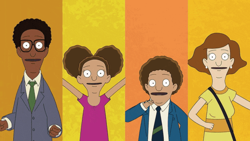 a group of cartoon characters are standing next to each other