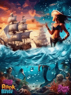 a painting of a mermaid in the ocean with a ship in the background and the words rock forever