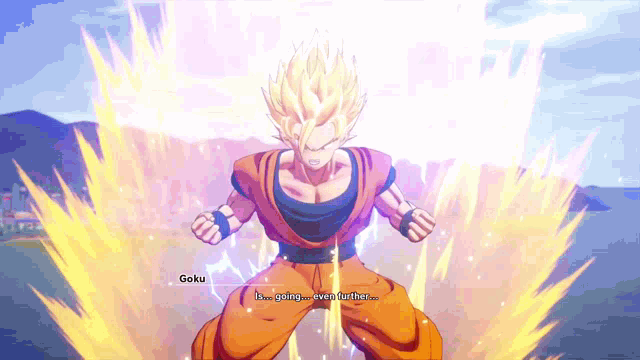 a screenshot of a video game with goku saying it 's going even further ..