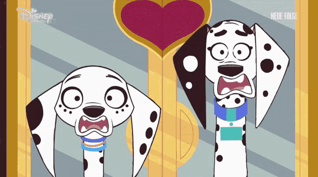 two dalmatian dogs are standing next to each other in front of a heart and the words neue folge on the bottom