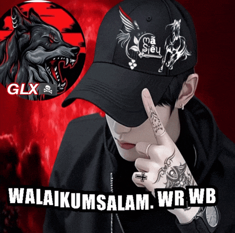 a man wearing a black hat with a horse and a wolf on it