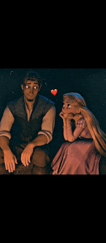 a man and a woman from tangled are sitting next to each other with a heart above them