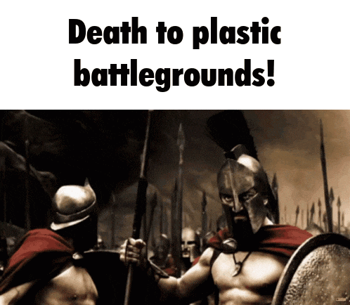 two spartan warriors are standing next to each other with the words death to plastic battlegrounds