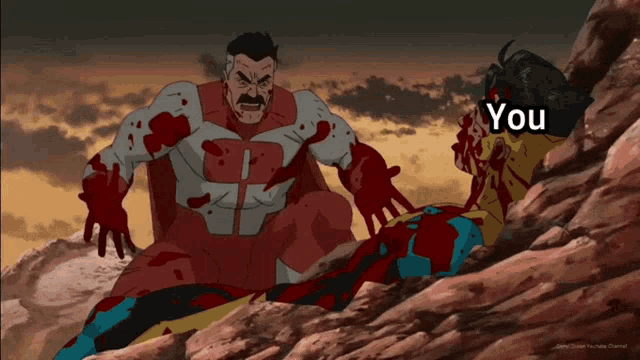 a cartoon of a man kneeling next to a bloody superhero with the words " you " on the bottom right