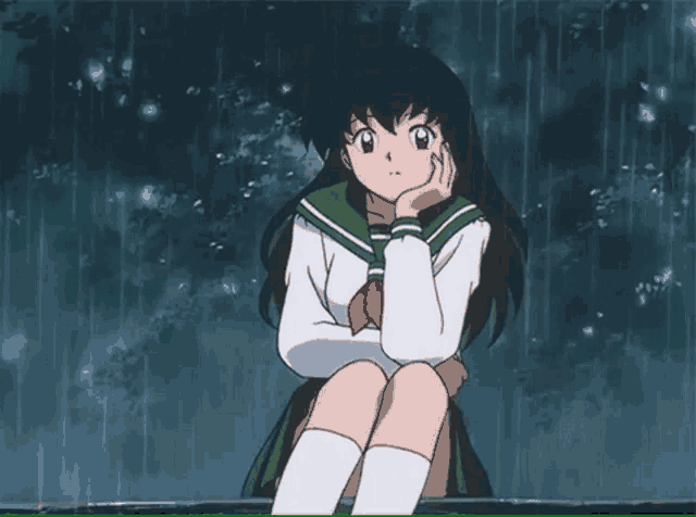 a girl in a school uniform is sitting in the rain with her hand on her chin
