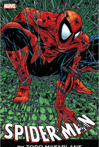 a comic book cover for spider-man by todd mcfarlane shows spider-man crawling through a web