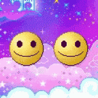 two smiley faces are sitting on a cloud in a pixel art scene .