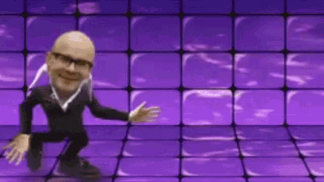 a cartoon character is dancing in front of a purple wall with a tv on it