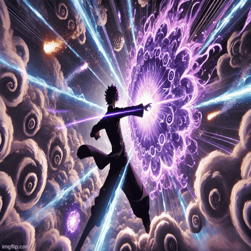 a painting of a person with a purple light coming out of their hands