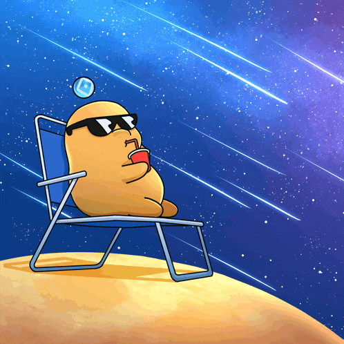a cartoon character wearing sunglasses sits in a chair with a drink in his hand
