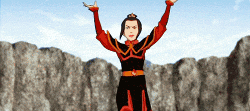 a cartoon character is standing in front of a mountain with her arms in the air
